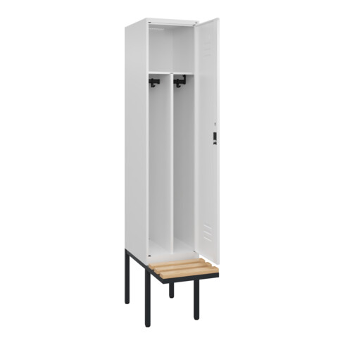 C+P Spind Classic PLUS, Bank, 1 Abteil, 2120x400x815mm, 9016/9016 Verschluss Zylinderschloss 4 Garderobenhaken Trennwand mittig Sitzbanktyp auskragend