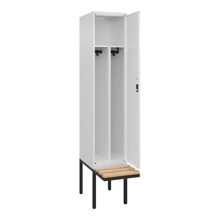 C+P Spind Classic PLUS, Bank, 1 Abteil, 2120x400x815mm, 9016/9016 Verschluss Zylinderschloss 4 Garderobenhaken Trennwand mittig  Sitzbanktyp auskragend