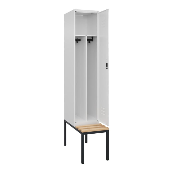 C+P Spind Classic PLUS, Bank, 1 Abteil, 2120x400x815mm, 9016/9016 Verschluss Zylinderschloss 4 Garderobenhaken Trennwand mittig  Sitzbanktyp untergebaut