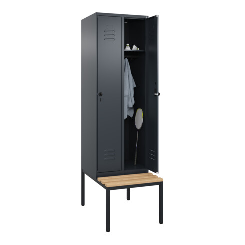 C+P Spind Classic PLUS, Bank, 2 Abteile, 2120x600x815mm, 7016/7016 Verschluss Sicherheits-Drehriegel 3 Garderobenhaken   Sitzbanktyp untergebaut