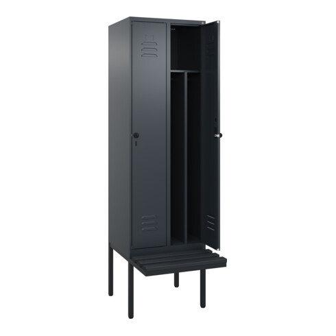 C+P Spind Classic PLUS, Bank, 2 Abteile, 2120x600x815mm, 7016/7016 Verschluss Sicherheits-Drehriegel 4 Garderobenhaken Trennwand mittig Dekor Banklatten RAL 7021 Schwarzgrau Sitzbanktyp auskragend