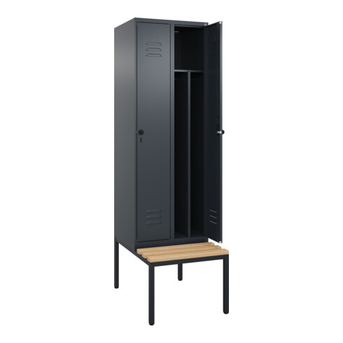 C+P Spind Classic PLUS, Bank, 2 Abteile, 2120x600x815mm, 7016/7016 Verschluss Sicherheits-Drehriegel 4 Garderobenhaken Trennwand mittig  Sitzbanktyp untergebaut