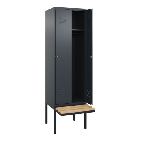 C+P Spind Classic PLUS, Bank, 2 Abteile, 2120x600x815mm, 7016/7016 Verschluss Zylinderschloss 3 Garderobenhaken   Sitzbanktyp auskragend