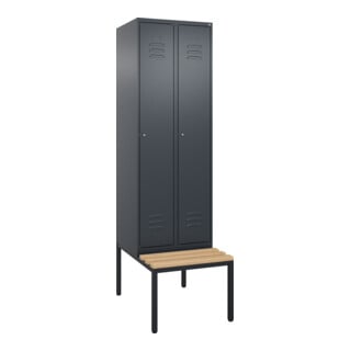 C+P Spind Classic PLUS, Bank, 2 Abteile, 2120x600x815mm, 7016/7016 Verschluss Zylinderschloss 4 Garderobenhaken Trennwand mittig  Sitzbanktyp untergebaut