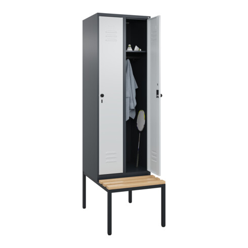 C+P Spind Classic PLUS, Bank, 2 Abteile, 2120x600x815mm, 7016/7035 Verschluss Sicherheits-Drehriegel 3 Garderobenhaken Sitzbanktyp untergebaut