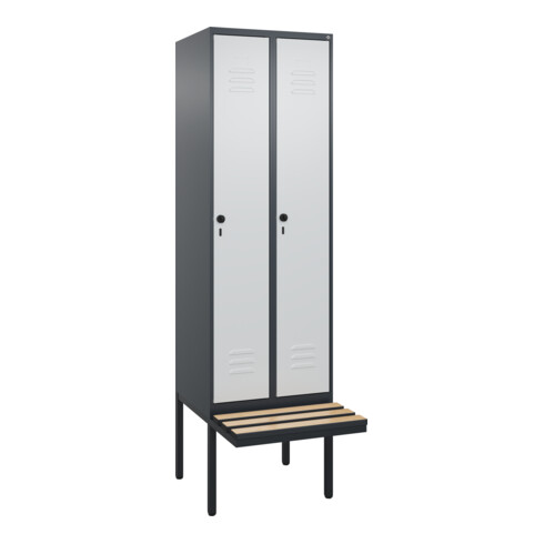 C+P Spind Classic PLUS, Bank, 2 Abteile, 2120x600x815mm, 7016/7035 Verschluss Sicherheits-Drehriegel 4 Garderobenhaken Trennwand mittig Dekor Banklatten RAL 7021 Schwarzgrau Sitzbanktyp auskragend