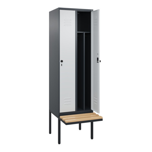 C+P Spind Classic PLUS, Bank, 2 Abteile, 2120x600x815mm, 7016/7035 Verschluss Sicherheits-Drehriegel 4 Garderobenhaken Trennwand mittig  Sitzbanktyp auskragend