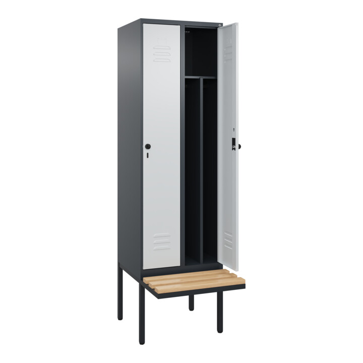 C+P Spind Classic PLUS, Bank, 2 Abteile, 2120x600x815mm, 7016/7035 Verschluss Sicherheits-Drehriegel 4 Garderobenhaken Trennwand mittig  Sitzbanktyp auskragend