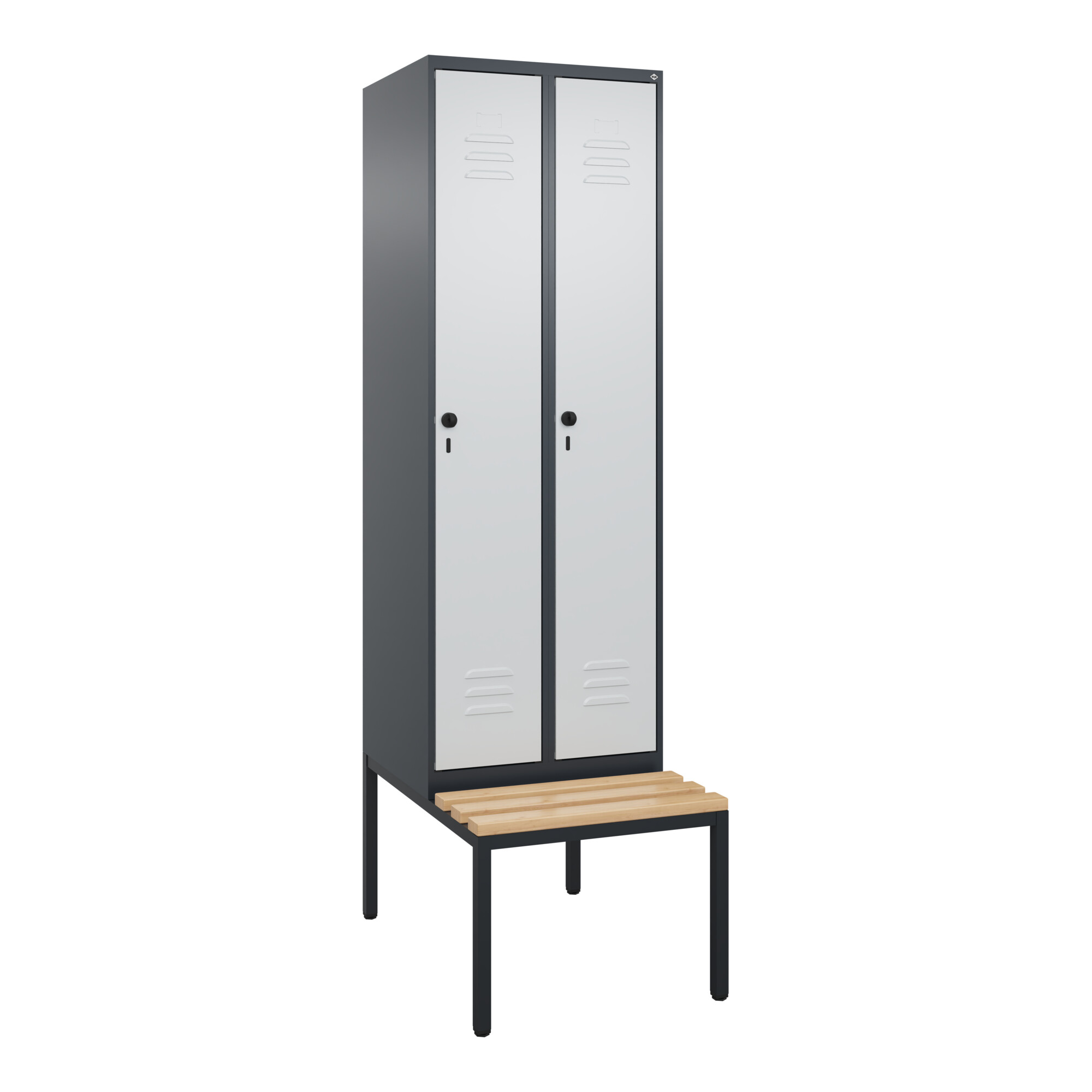 C+P Spind Classic PLUS, Bank, 2 Abteile, 2120x600x815mm, 7016/7035 Verschluss Sicherheits-Drehriegel 4 Garderobenhaken Trennwand mittig Sitzbanktyp u