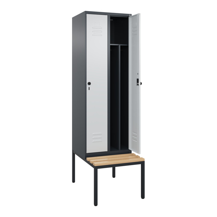 C+P Spind Classic PLUS, Bank, 2 Abteile, 2120x600x815mm, 7016/7035 Verschluss Sicherheits-Drehriegel 4 Garderobenhaken Trennwand mittig  Sitzbanktyp untergebaut