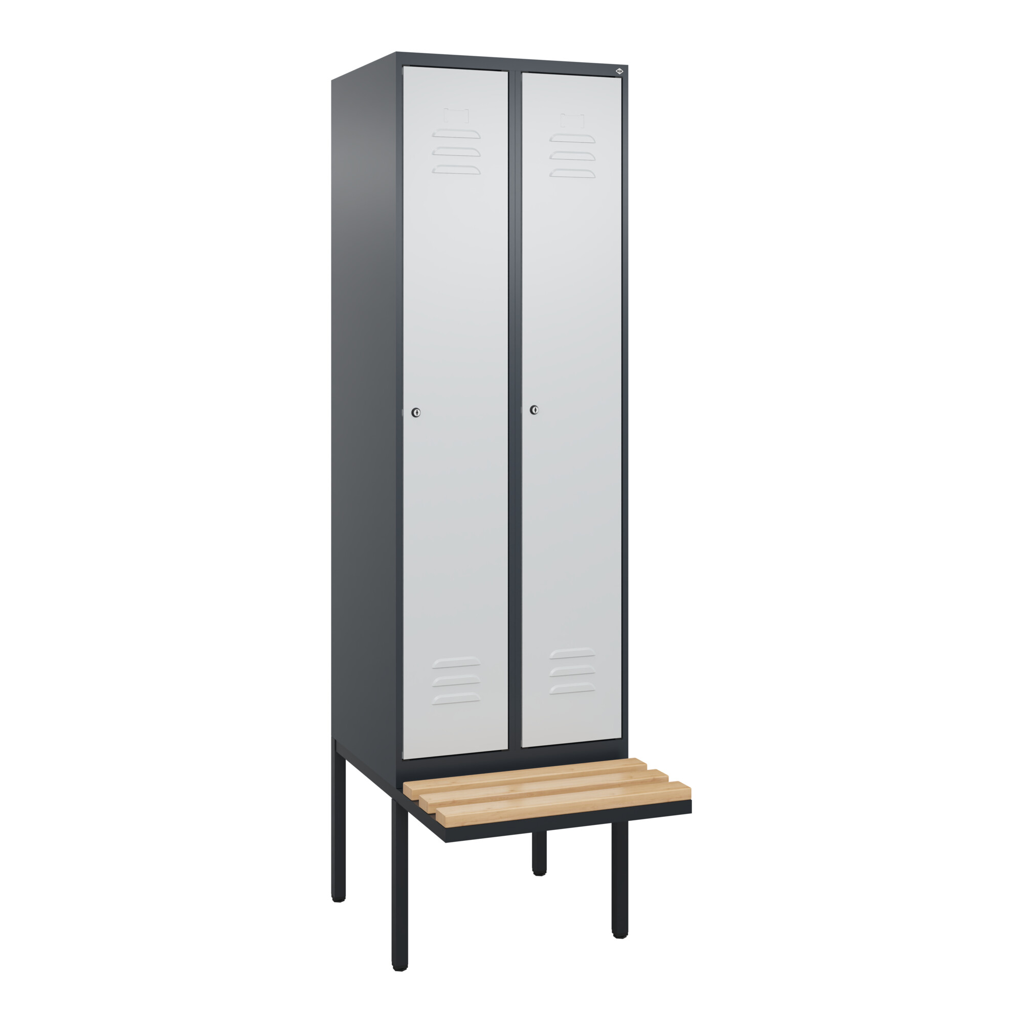 C+P Spind Classic PLUS, Bank, 2 Abteile, 2120x600x815mm, 7016/7035 Verschluss Zylinderschloss 4 Garderobenhaken Trennwand mittig Sitzbanktyp auskrage