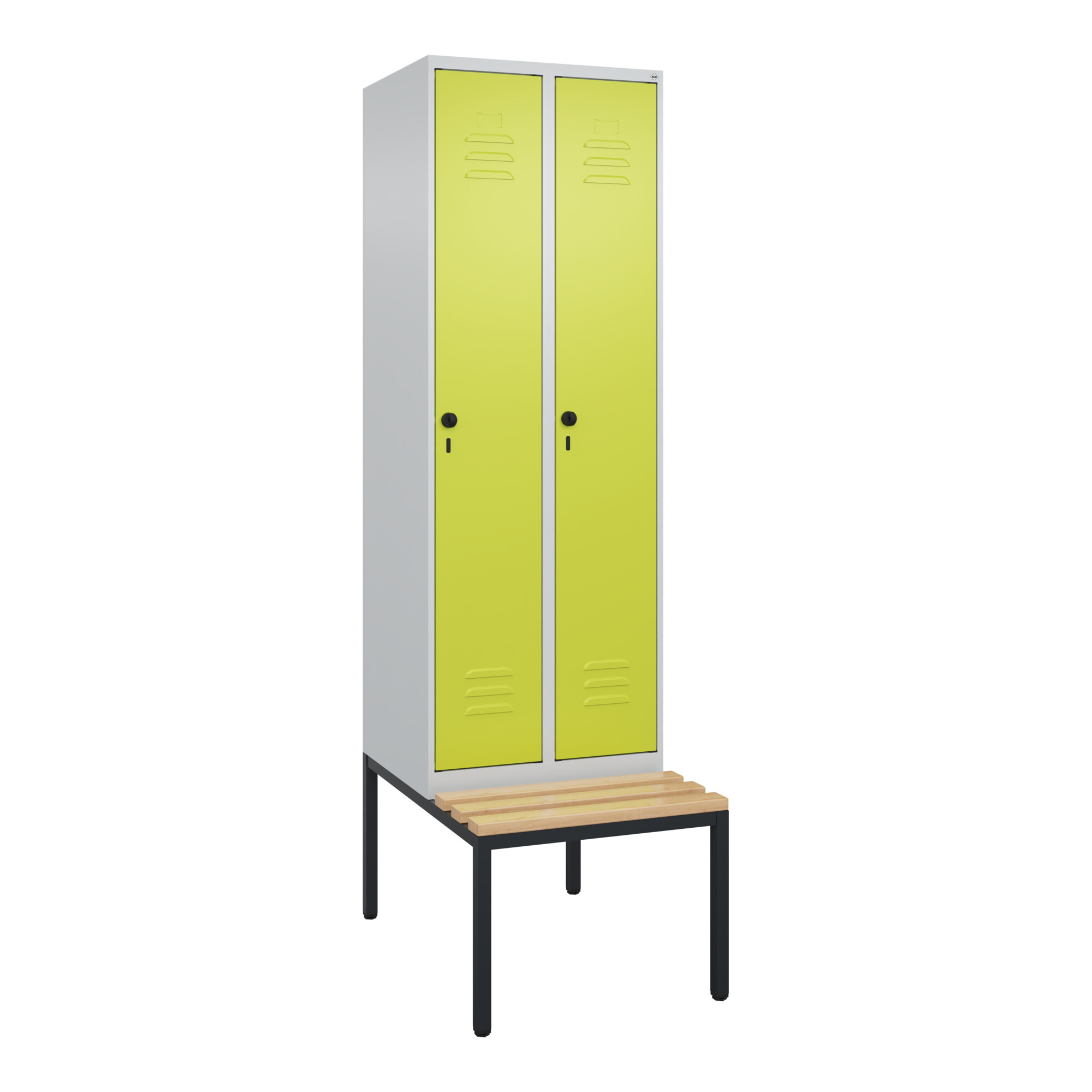 C+P Spind Classic PLUS, Bank, 2 Abteile, 2120x600x815mm, 7035/0024 Verschluss Sicherheits-Drehriegel 3 Garderobenhaken Sitzbanktyp untergebaut ; C +