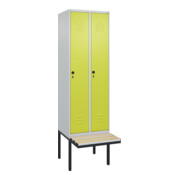 C+P Spind Classic PLUS, Bank, 2 Abteile, 2120x600x815mm, 7035/0024 Verschluss Sicherheits-Drehriegel 4 Garderobenhaken Trennwand mittig Dekor Banklatten RAL 7035 Lichtgrau Sitzbanktyp auskragend