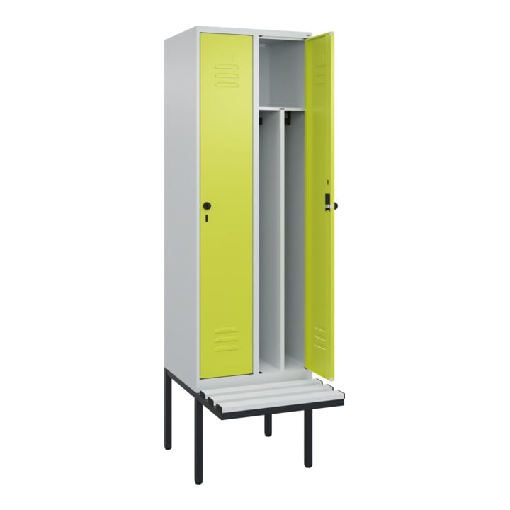 C+P Spind Classic PLUS, Bank, 2 Abteile, 2120x600x815mm, 7035/0024 Verschluss Sicherheits-Drehriegel 4 Garderobenhaken Trennwand mittig Dekor Banklatten RAL 7035 Lichtgrau Sitzbanktyp auskragend