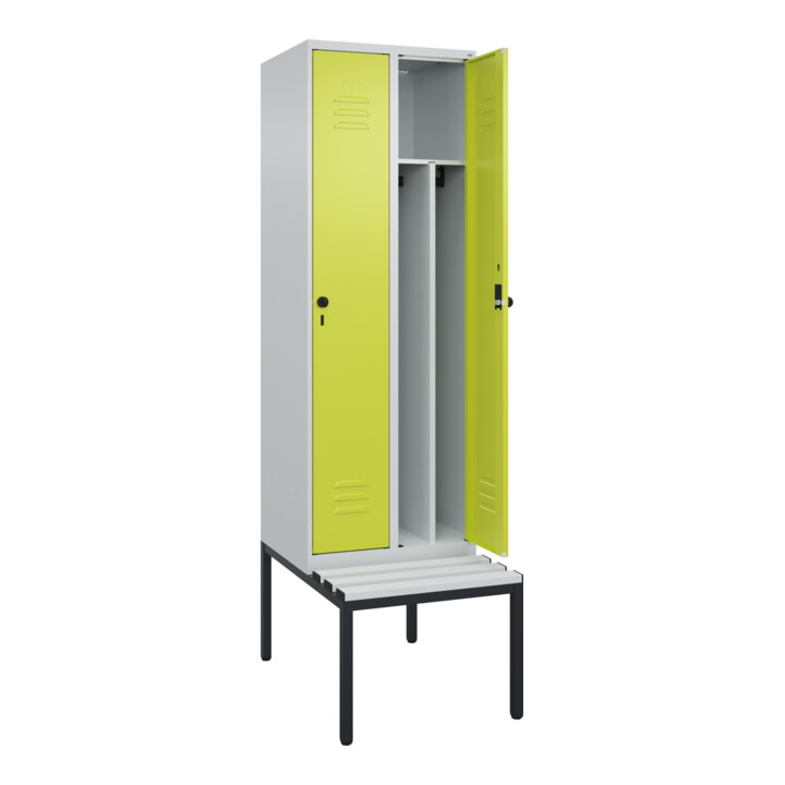 C+P Spind Classic PLUS, Bank, 2 Abteile, 2120x600x815mm, 7035/0024 Verschluss Sicherheits-Drehriegel 4 Garderobenhaken Trennwand mittig Dekor Banklatten RAL 7035 Lichtgrau Sitzbanktyp untergebaut