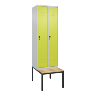 C+P Spind Classic PLUS, Bank, 2 Abteile, 2120x600x815mm, 7035/0024 Verschluss Sicherheits-Drehriegel 4 Garderobenhaken Trennwand mittig  Sitzbanktyp untergebaut