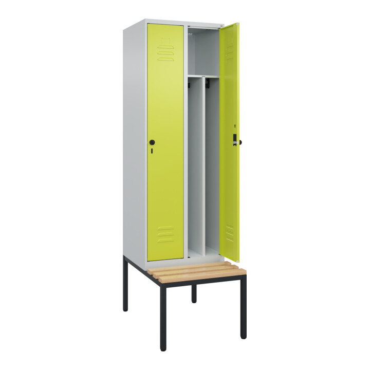 C+P Spind Classic PLUS, Bank, 2 Abteile, 2120x600x815mm, 7035/0024 Verschluss Sicherheits-Drehriegel 4 Garderobenhaken Trennwand mittig  Sitzbanktyp untergebaut