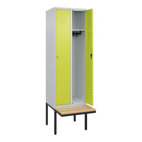 C+P Spind Classic PLUS, Bank, 2 Abteile, 2120x600x815mm, 7035/0024 Verschluss Zylinderschloss 3 Garderobenhaken   Sitzbanktyp auskragend