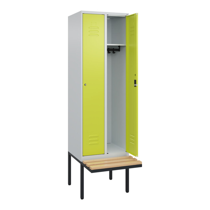 C+P Spind Classic PLUS, Bank, 2 Abteile, 2120x600x815mm, 7035/0024 Verschluss Zylinderschloss 3 Garderobenhaken   Sitzbanktyp auskragend