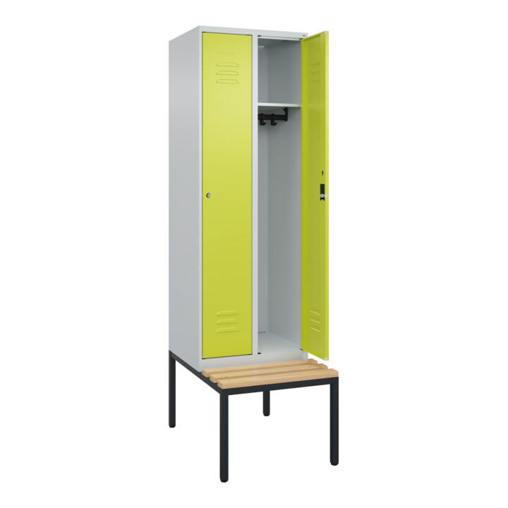 C+P Spind Classic PLUS, Bank, 2 Abteile, 2120x600x815mm, 7035/0024 Verschluss Zylinderschloss 3 Garderobenhaken   Sitzbanktyp untergebaut