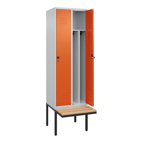 C+P Spind Classic PLUS, Bank, 2 Abteile, 2120x600x815mm, 7035/2004 Verschluss Sicherheits-Drehriegel 4 Garderobenhaken Trennwand mittig  Sitzbanktyp auskragend