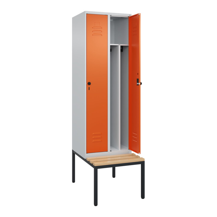 C+P Spind Classic PLUS, Bank, 2 Abteile, 2120x600x815mm, 7035/2004 Verschluss Sicherheits-Drehriegel 4 Garderobenhaken Trennwand mittig  Sitzbanktyp untergebaut