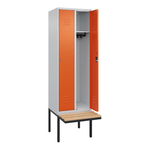 C+P Spind Classic PLUS, Bank, 2 Abteile, 2120x600x815mm, 7035/2004 Verschluss Zylinderschloss 3 Garderobenhaken   Sitzbanktyp auskragend