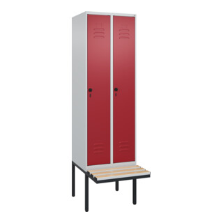 C+P Spind Classic PLUS, Bank, 2 Abteile, 2120x600x815mm, 7035/3003 Verschluss Sicherheits-Drehriegel 4 Garderobenhaken Trennwand mittig Dekor Banklatten RAL 7035 Lichtgrau Sitzbanktyp auskragend