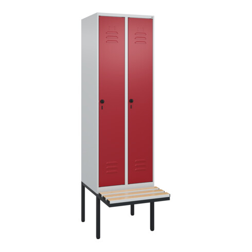 C+P Spind Classic PLUS, Bank, 2 Abteile, 2120x600x815mm, 7035/3003 Verschluss Sicherheits-Drehriegel 4 Garderobenhaken Trennwand mittig Dekor Banklatten RAL 7035 Lichtgrau Sitzbanktyp auskragend