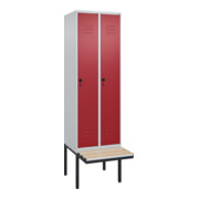 C+P Spind Classic PLUS, Bank, 2 Abteile, 2120x600x815mm, 7035/3003 Verschluss Sicherheits-Drehriegel 4 Garderobenhaken Trennwand mittig Dekor Banklatten RAL 7035 Lichtgrau Sitzbanktyp auskragend