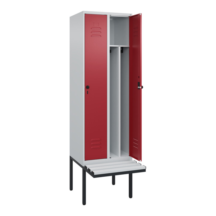 C+P Spind Classic PLUS, Bank, 2 Abteile, 2120x600x815mm, 7035/3003 Verschluss Sicherheits-Drehriegel 4 Garderobenhaken Trennwand mittig Dekor Banklatten RAL 7035 Lichtgrau Sitzbanktyp auskragend