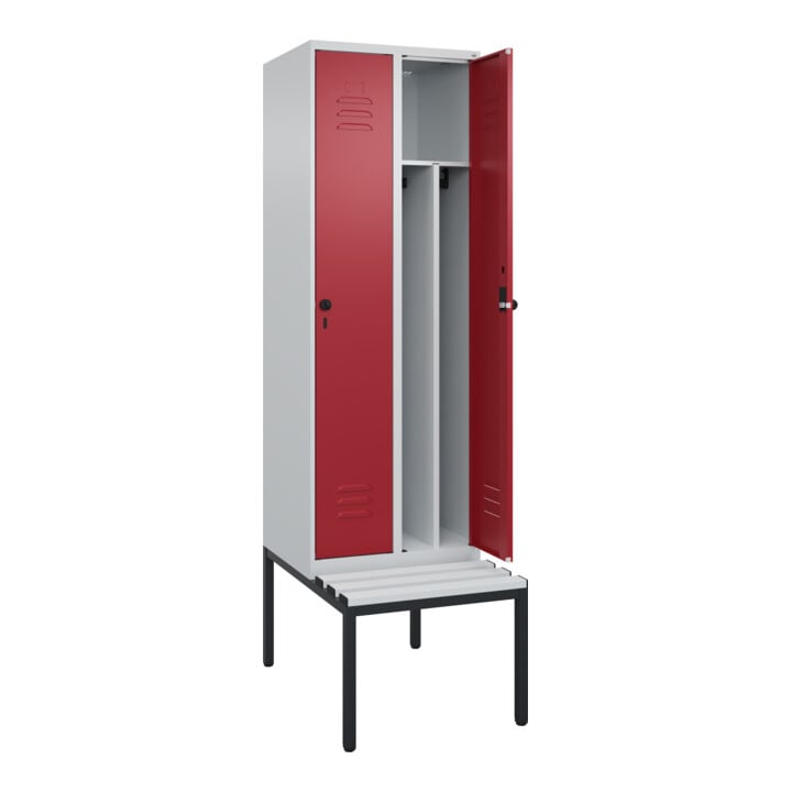 C+P Spind Classic PLUS, Bank, 2 Abteile, 2120x600x815mm, 7035/3003 Verschluss Sicherheits-Drehriegel 4 Garderobenhaken Trennwand mittig Dekor Banklatten RAL 7035 Lichtgrau Sitzbanktyp untergebaut