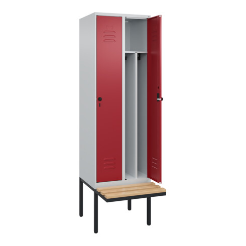 C+P Spind Classic PLUS, Bank, 2 Abteile, 2120x600x815mm, 7035/3003 Verschluss Sicherheits-Drehriegel 4 Garderobenhaken Trennwand mittig  Sitzbanktyp auskragend