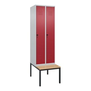 C+P Spind Classic PLUS, Bank, 2 Abteile, 2120x600x815mm, 7035/3003 Verschluss Sicherheits-Drehriegel 4 Garderobenhaken Trennwand mittig  Sitzbanktyp untergebaut