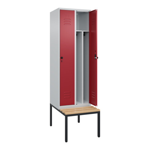 C+P Spind Classic PLUS, Bank, 2 Abteile, 2120x600x815mm, 7035/3003 Verschluss Sicherheits-Drehriegel 4 Garderobenhaken Trennwand mittig  Sitzbanktyp untergebaut