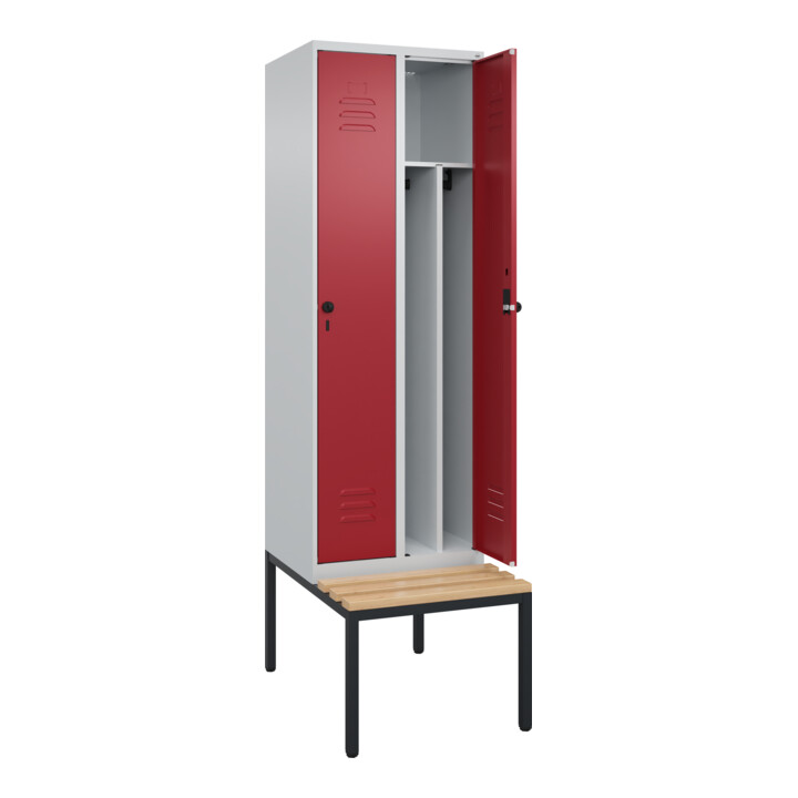 C+P Spind Classic PLUS, Bank, 2 Abteile, 2120x600x815mm, 7035/3003 Verschluss Sicherheits-Drehriegel 4 Garderobenhaken Trennwand mittig  Sitzbanktyp untergebaut