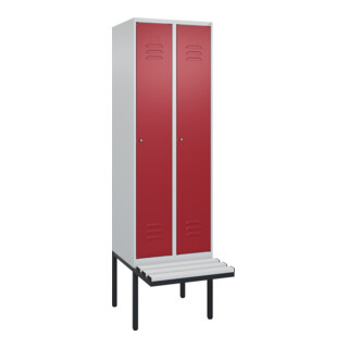 C+P Spind Classic PLUS, Bank, 2 Abteile, 2120x600x815mm, 7035/3003 Verschluss Zylinderschloss 3 Garderobenhaken  Dekor Banklatten RAL 7035 Lichtgrau Sitzbanktyp auskragend