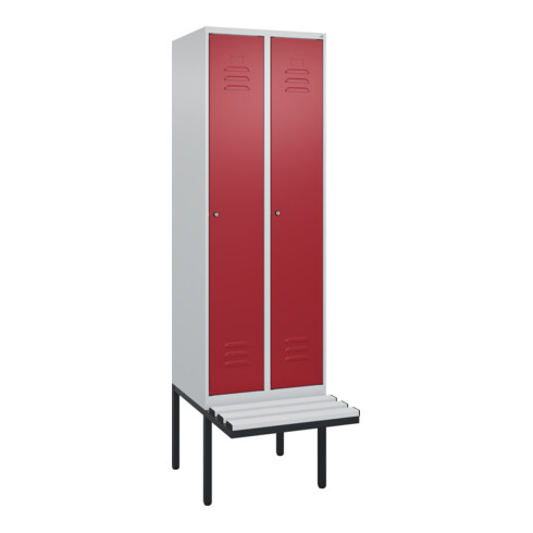 C+P Spind Classic PLUS, Bank, 2 Abteile, 2120x600x815mm, 7035/3003 Verschluss Zylinderschloss 3 Garderobenhaken  Dekor Banklatten RAL 7035 Lichtgrau Sitzbanktyp auskragend
