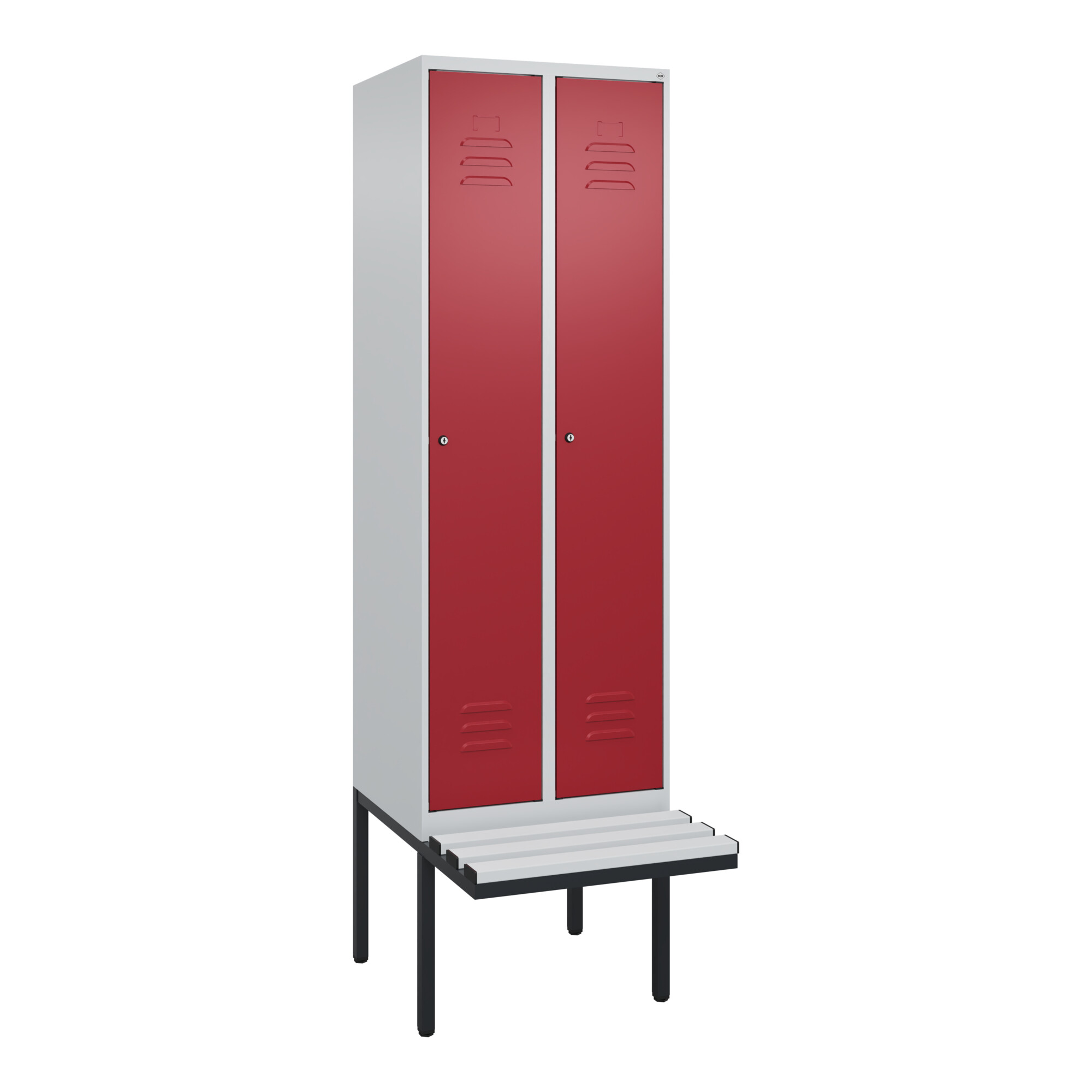 C+P Spind Classic PLUS, Bank, 2 Abteile, 2120x600x815mm, 7035/3003 Verschluss Zylinderschloss 3 Garderobenhaken Dekor Banklatten RAL 7035 Lichtgrau S