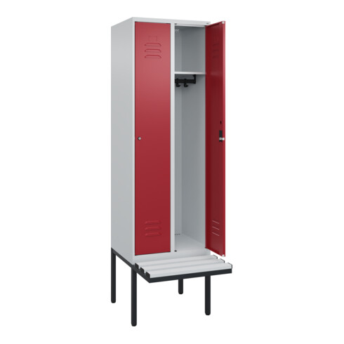 C+P Spind Classic PLUS, Bank, 2 Abteile, 2120x600x815mm, 7035/3003 Verschluss Zylinderschloss 3 Garderobenhaken  Dekor Banklatten RAL 7035 Lichtgrau Sitzbanktyp auskragend