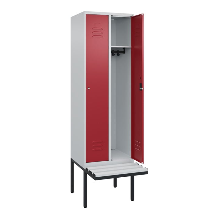 C+P Spind Classic PLUS, Bank, 2 Abteile, 2120x600x815mm, 7035/3003 Verschluss Zylinderschloss 3 Garderobenhaken  Dekor Banklatten RAL 7035 Lichtgrau Sitzbanktyp auskragend