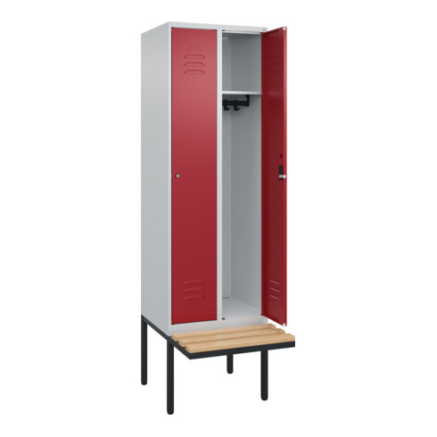 C+P Spind Classic PLUS, Bank, 2 Abteile, 2120x600x815mm, 7035/3003 Verschluss Zylinderschloss 3 Garderobenhaken   Sitzbanktyp auskragend