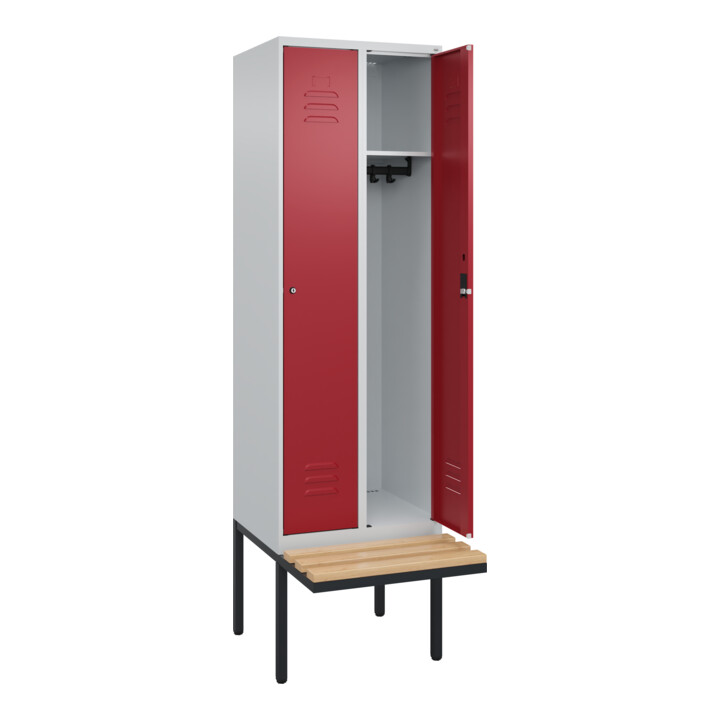 C+P Spind Classic PLUS, Bank, 2 Abteile, 2120x600x815mm, 7035/3003 Verschluss Zylinderschloss 3 Garderobenhaken   Sitzbanktyp auskragend