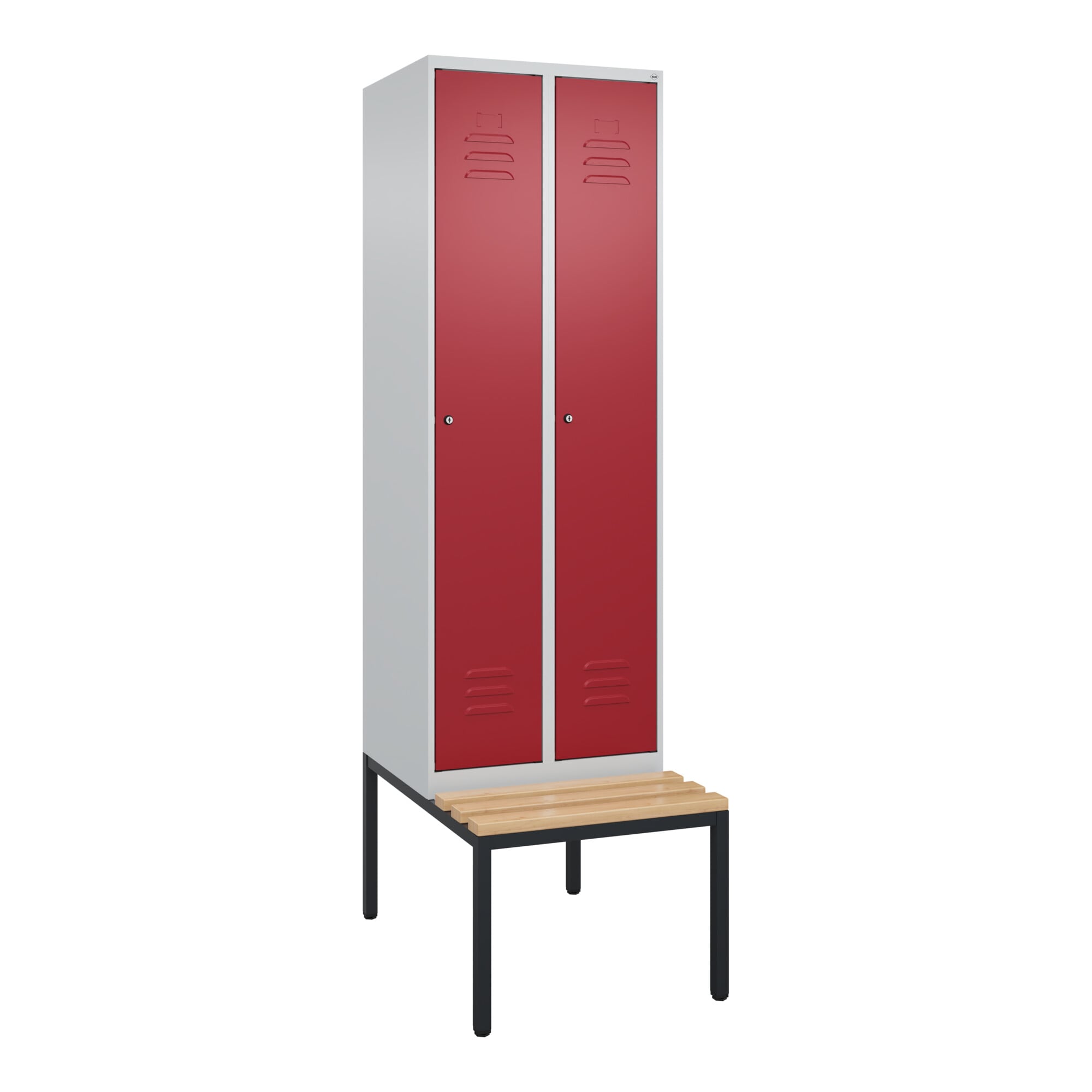 C+P Spind Classic PLUS, Bank, 2 Abteile, 2120x600x815mm, 7035/3003 Verschluss Zylinderschloss 3 Garderobenhaken Sitzbanktyp untergebaut ; C + P Möbe