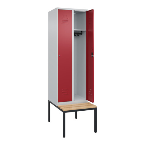 C+P Spind Classic PLUS, Bank, 2 Abteile, 2120x600x815mm, 7035/3003 Verschluss Zylinderschloss 3 Garderobenhaken   Sitzbanktyp untergebaut