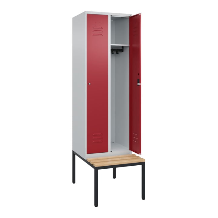 C+P Spind Classic PLUS, Bank, 2 Abteile, 2120x600x815mm, 7035/3003 Verschluss Zylinderschloss 3 Garderobenhaken   Sitzbanktyp untergebaut