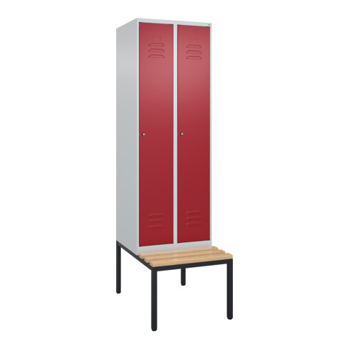 C+P Spind Classic PLUS, Bank, 2 Abteile, 2120x600x815mm, 7035/3003 Verschluss Zylinderschloss 4 Garderobenhaken Trennwand mittig  Sitzbanktyp untergebaut