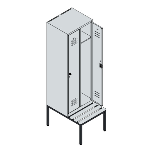 C+P Spind Classic PLUS, Bank, 2 Abteile, 2120x600x815mm, 7035/3020 Verschluss Sicherheits-Drehriegel 3 Garderobenhaken   Sitzbanktyp untergebaut