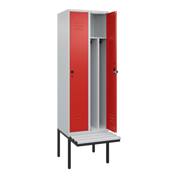C+P Spind Classic PLUS, Bank, 2 Abteile, 2120x600x815mm, 7035/3020 Verschluss Sicherheits-Drehriegel 4 Garderobenhaken Trennwand mittig Dekor Banklatten RAL 7035 Lichtgrau Sitzbanktyp auskragend