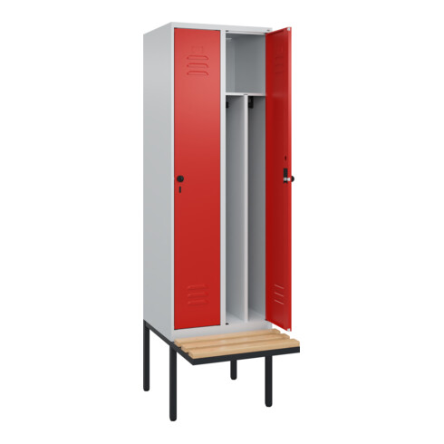 C+P Spind Classic PLUS, Bank, 2 Abteile, 2120x600x815mm, 7035/3020 Verschluss Sicherheits-Drehriegel 4 Garderobenhaken Trennwand mittig  Sitzbanktyp auskragend
